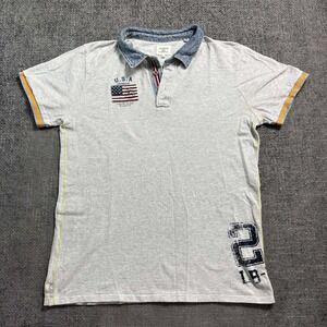 Lindbergh Polo Shirt Mens XL Grey Denim Collar USA Flag Patch Short Sleeve